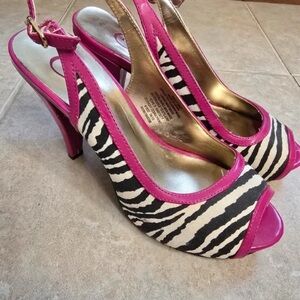 Candie's Pink and Black Zebra Slingback Peep-Toe Heels